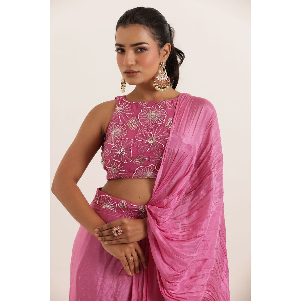 DEASHA INDIA Nazah Pink Pure Silk Pre Draped Saree with Stitched Blouse