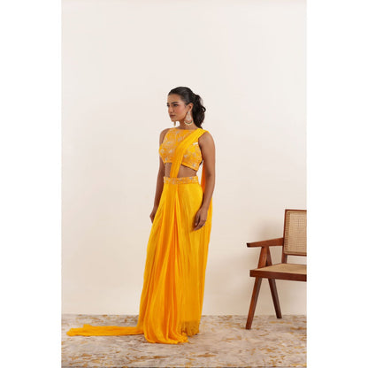 DEASHA INDIA Niara Yellow Pure Silk Pre Draped Saree with Stitched Blouse