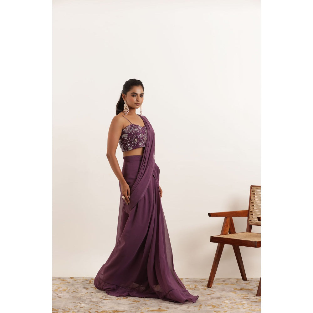 DEASHA INDIA Tamanna Regal Purple Pre Draped Ruffle Saree with Stitched Blouse