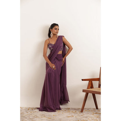 DEASHA INDIA Tamanna Regal Purple Pre Draped Ruffle Saree with Stitched Blouse
