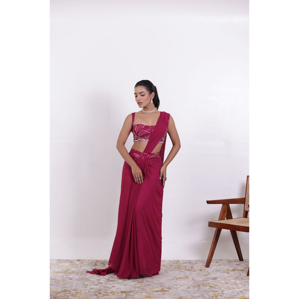 DEASHA INDIA Alina Cherry Pink Pre Draped Saree with Stitched Blouse