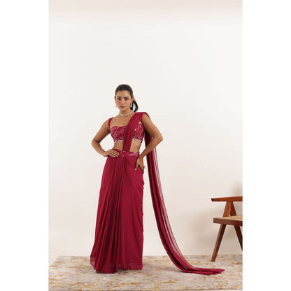 DEASHA INDIA Alina Cherry Pink Pre Draped Saree with Stitched Blouse
