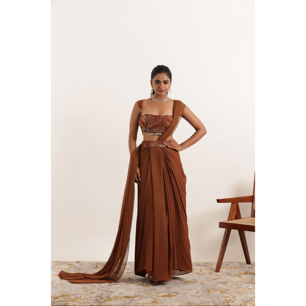 DEASHA INDIA Aashvi Brown Pre Draped Saree with Stitched Blouse