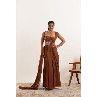 DEASHA INDIA Aashvi Brown Pre Draped Saree with Stitched Blouse