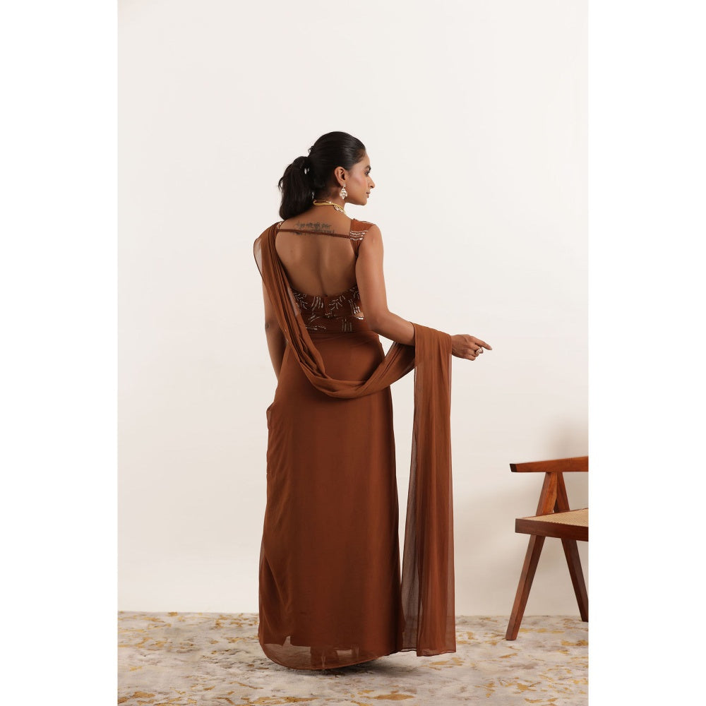 DEASHA INDIA Aashvi Brown Pre Draped Saree with Stitched Blouse