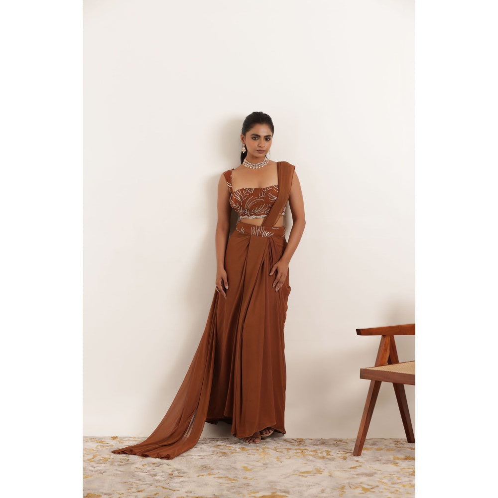 DEASHA INDIA Aashvi Brown Pre Draped Saree with Stitched Blouse