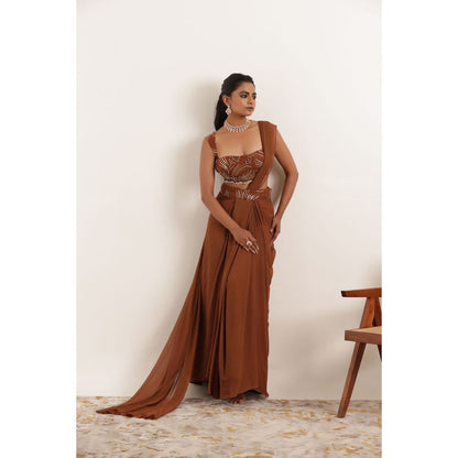DEASHA INDIA Aashvi Brown Pre Draped Saree with Stitched Blouse