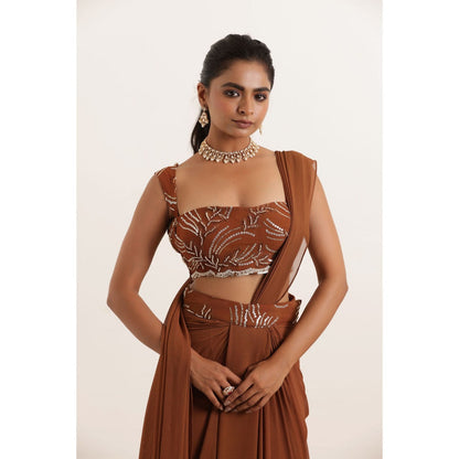 DEASHA INDIA Aashvi Brown Pre Draped Saree with Stitched Blouse