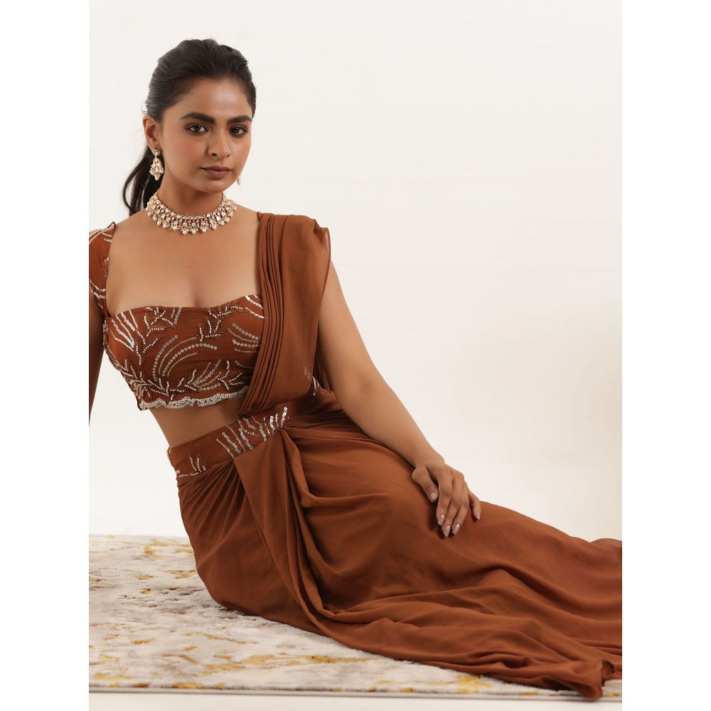 DEASHA INDIA Aashvi Brown Pre Draped Saree with Stitched Blouse