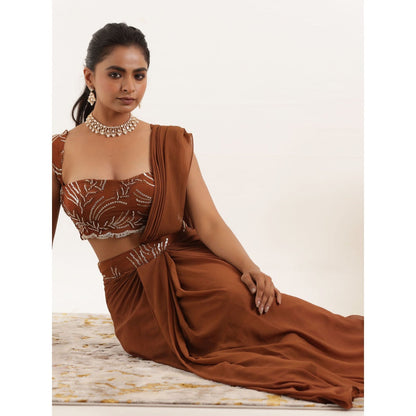 DEASHA INDIA Aashvi Brown Pre Draped Saree with Stitched Blouse