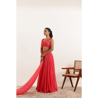 DEASHA INDIA Ayana Fiery Rose Detailed Lehenga with Blouse and Dupatta (Set of 3)