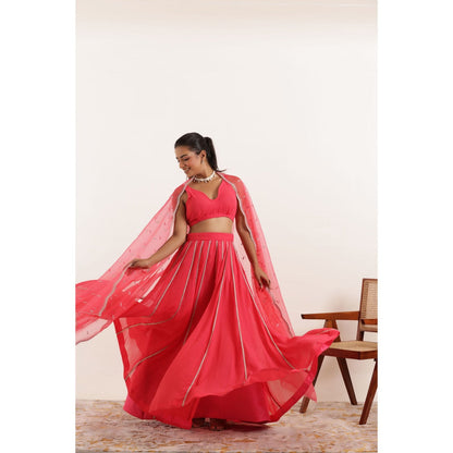 DEASHA INDIA Ayana Fiery Rose Detailed Lehenga with Blouse and Dupatta (Set of 3)