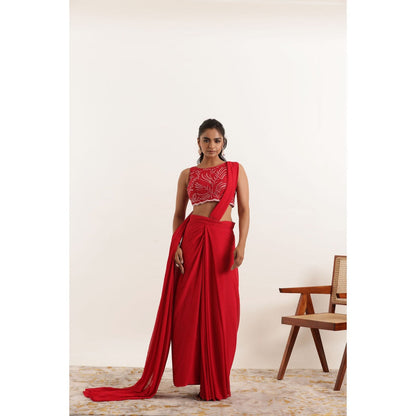 DEASHA INDIA Aria Cherry Red Pre Draped Saree with Stitched Blouse