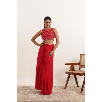 DEASHA INDIA Aria Cherry Red Pre Draped Saree with Stitched Blouse