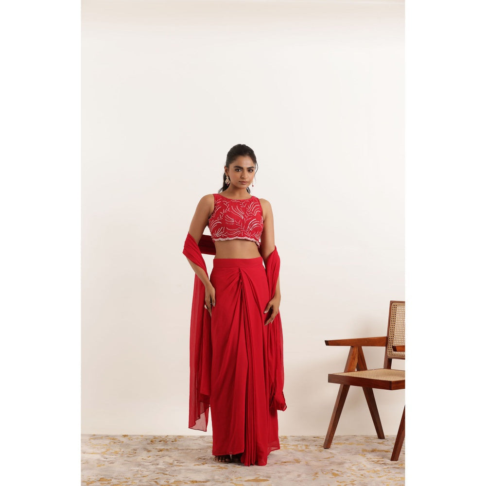 DEASHA INDIA Aria Cherry Red Pre Draped Saree with Stitched Blouse