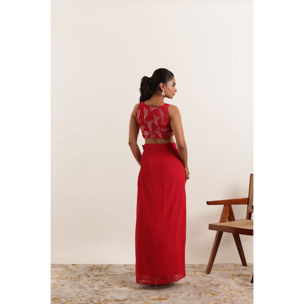 DEASHA INDIA Aria Cherry Red Pre Draped Saree with Stitched Blouse