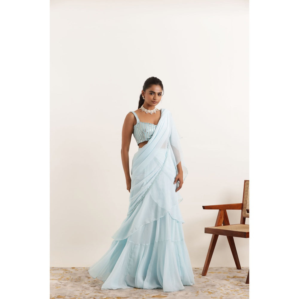 DEASHA INDIA Anoushka Powder Blue Ruffle Saree with Stitched Blouse