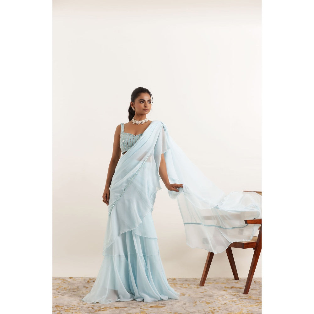 DEASHA INDIA Anoushka Powder Blue Ruffle Saree with Stitched Blouse