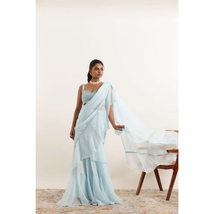 DEASHA INDIA Anoushka Powder Blue Ruffle Saree with Stitched Blouse