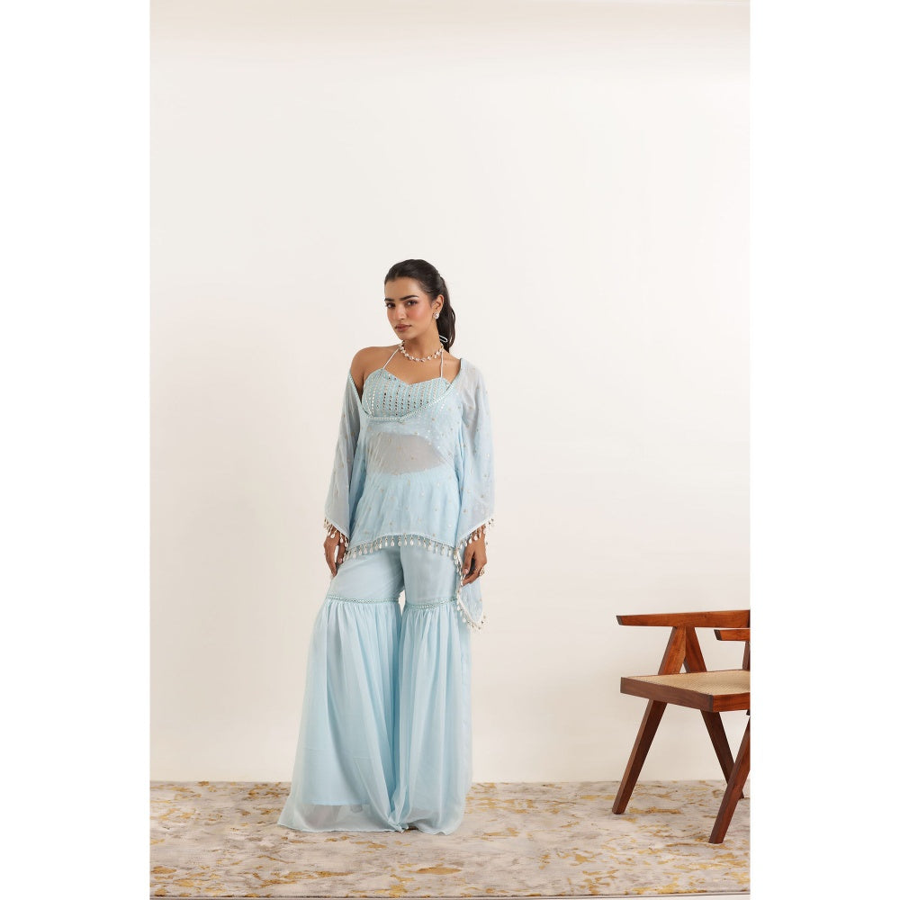 DEASHA INDIA Arya Powder Blue Kaftan Style Top with Sharara and Bustier (Set of 3)