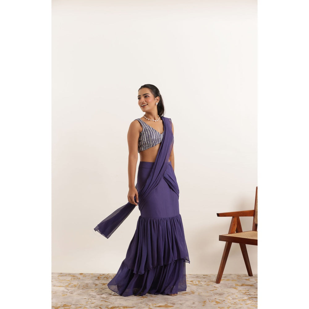 DEASHA INDIA Aarushi Cyber Grape Ruffle Saree with Stitched Blouse