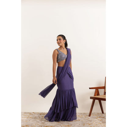 DEASHA INDIA Aarushi Cyber Grape Ruffle Saree with Stitched Blouse