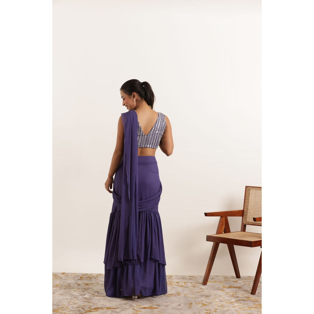 DEASHA INDIA Aarushi Cyber Grape Ruffle Saree with Stitched Blouse