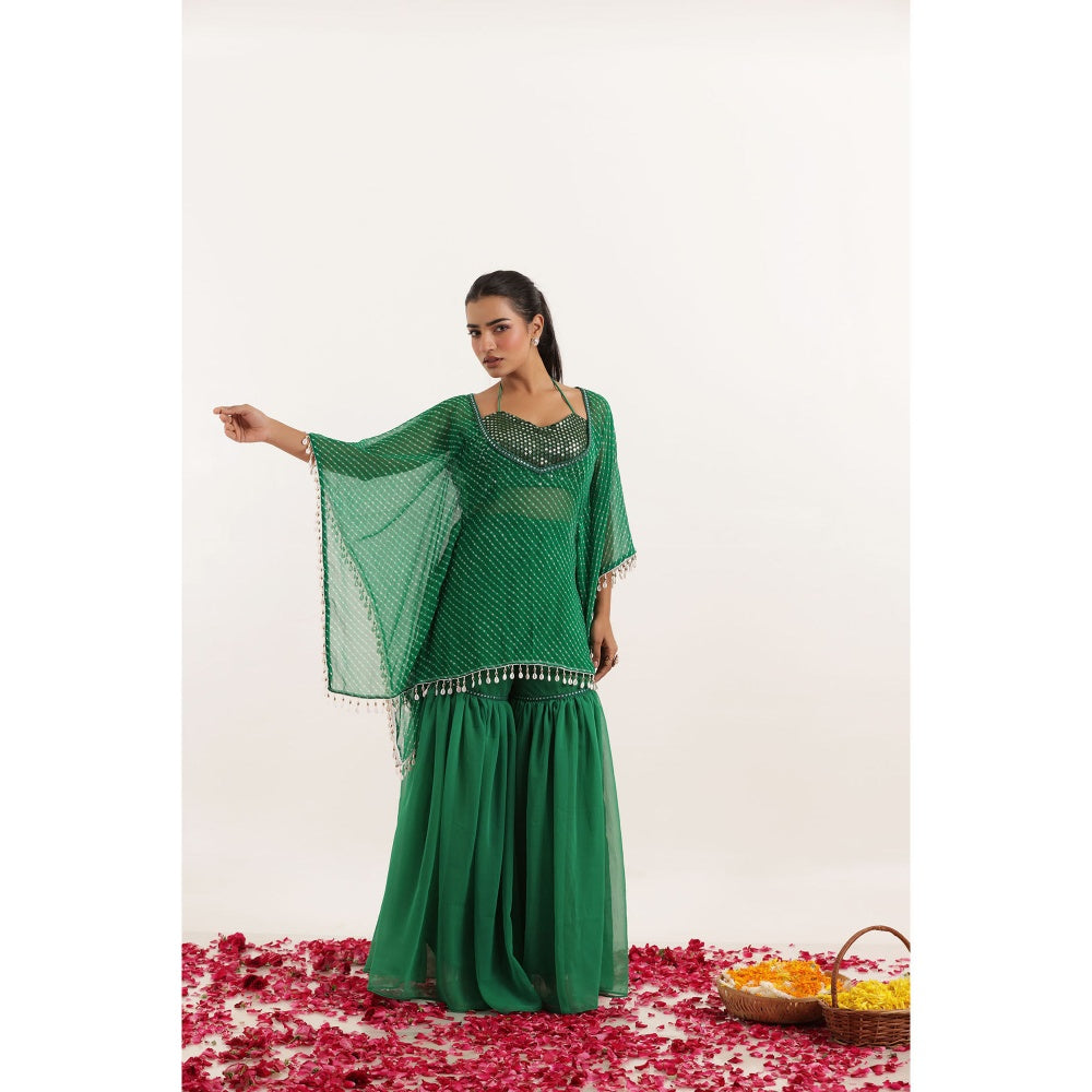 DEASHA INDIA Ramya Green Mothra Kaftan Style Top with Sharara and Bustier (Set of 3)