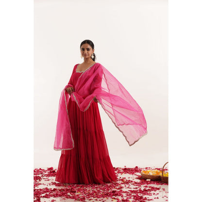 DEASHA INDIA Ishita Magenta Pink Tiered Anarkali with Pant and Dupatta (Set of 3)