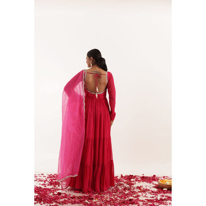 DEASHA INDIA Ishita Magenta Pink Tiered Anarkali with Pant and Dupatta (Set of 3)