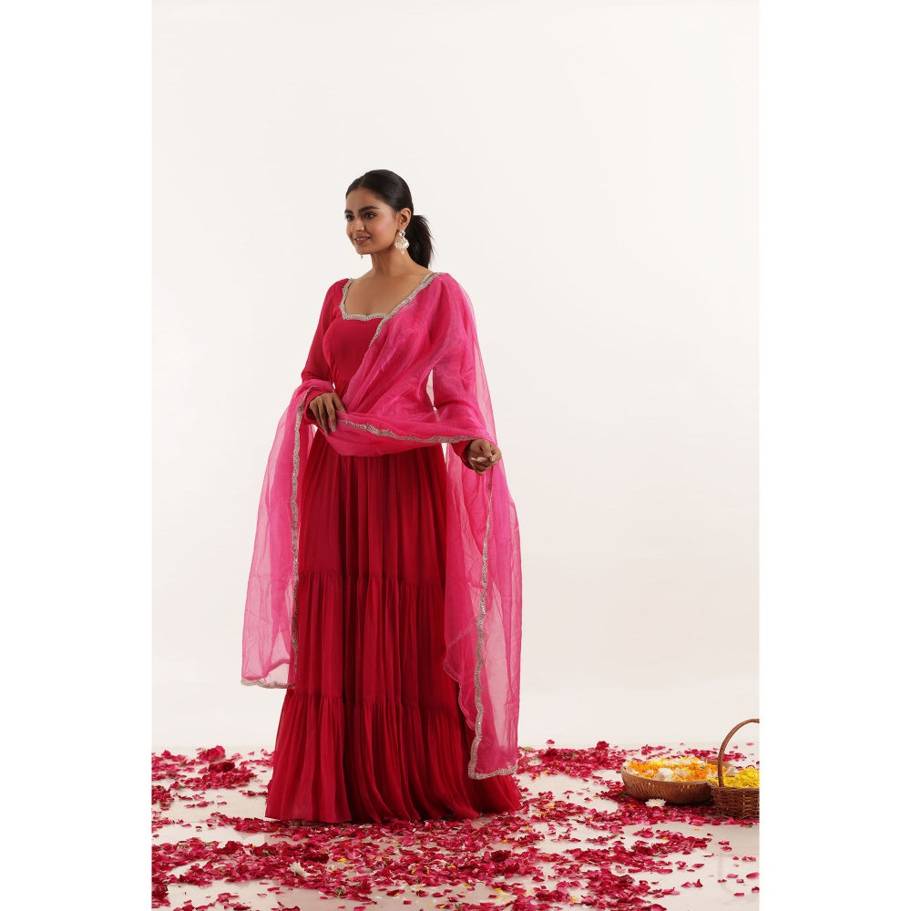 DEASHA INDIA Ishita Magenta Pink Tiered Anarkali with Pant and Dupatta (Set of 3)