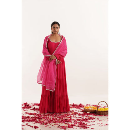 DEASHA INDIA Ishita Magenta Pink Tiered Anarkali with Pant and Dupatta (Set of 3)