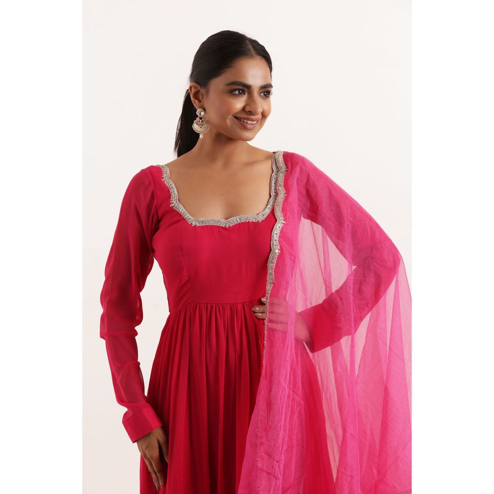 DEASHA INDIA Ishita Magenta Pink Tiered Anarkali with Pant and Dupatta (Set of 3)