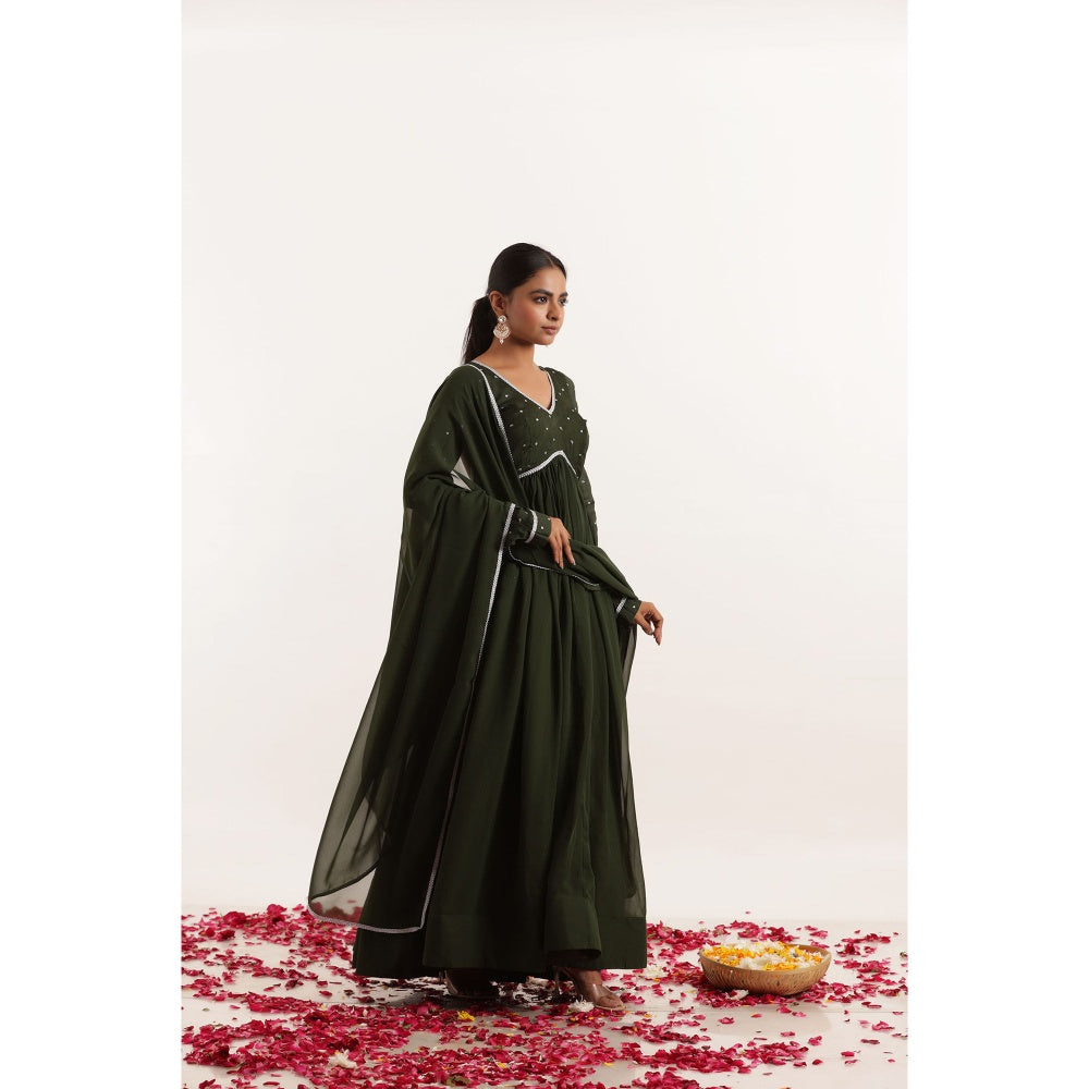 DEASHA INDIA Shakti Dark Olive Lace Work Anarkali with Dupatta (Set of 2)