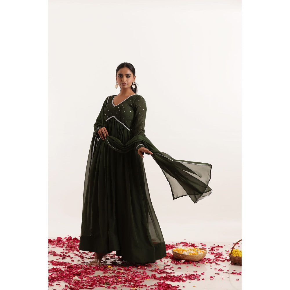 DEASHA INDIA Shakti Dark Olive Lace Work Anarkali with Dupatta (Set of 2)