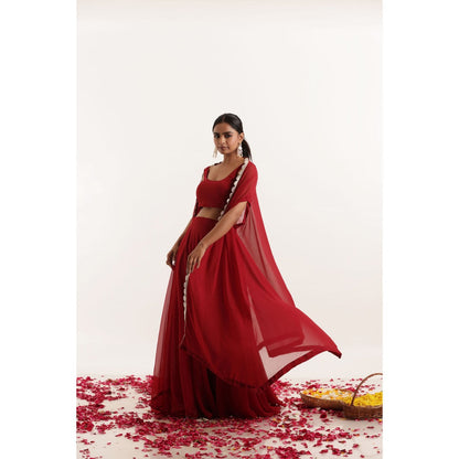 DEASHA INDIA Rivas Maroon Red Shrug Lehenga with Blouse and Dupatta (Set of 3)
