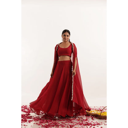 DEASHA INDIA Rivas Maroon Red Shrug Lehenga with Blouse and Dupatta (Set of 3)