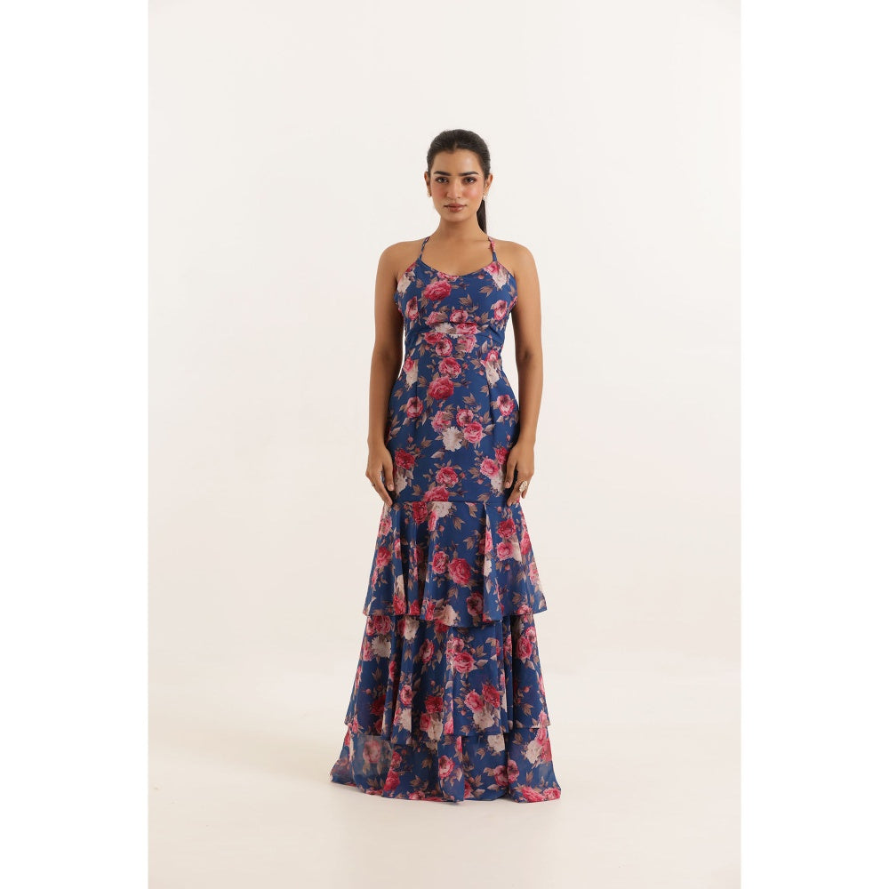 DEASHA INDIA Rihana Blue Floral Printed Ruffle Long Maxi Dress