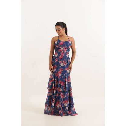 DEASHA INDIA Rihana Blue Floral Printed Ruffle Long Maxi Dress