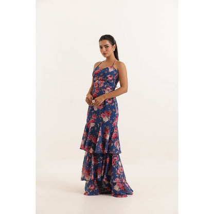 DEASHA INDIA Rihana Blue Floral Printed Ruffle Long Maxi Dress