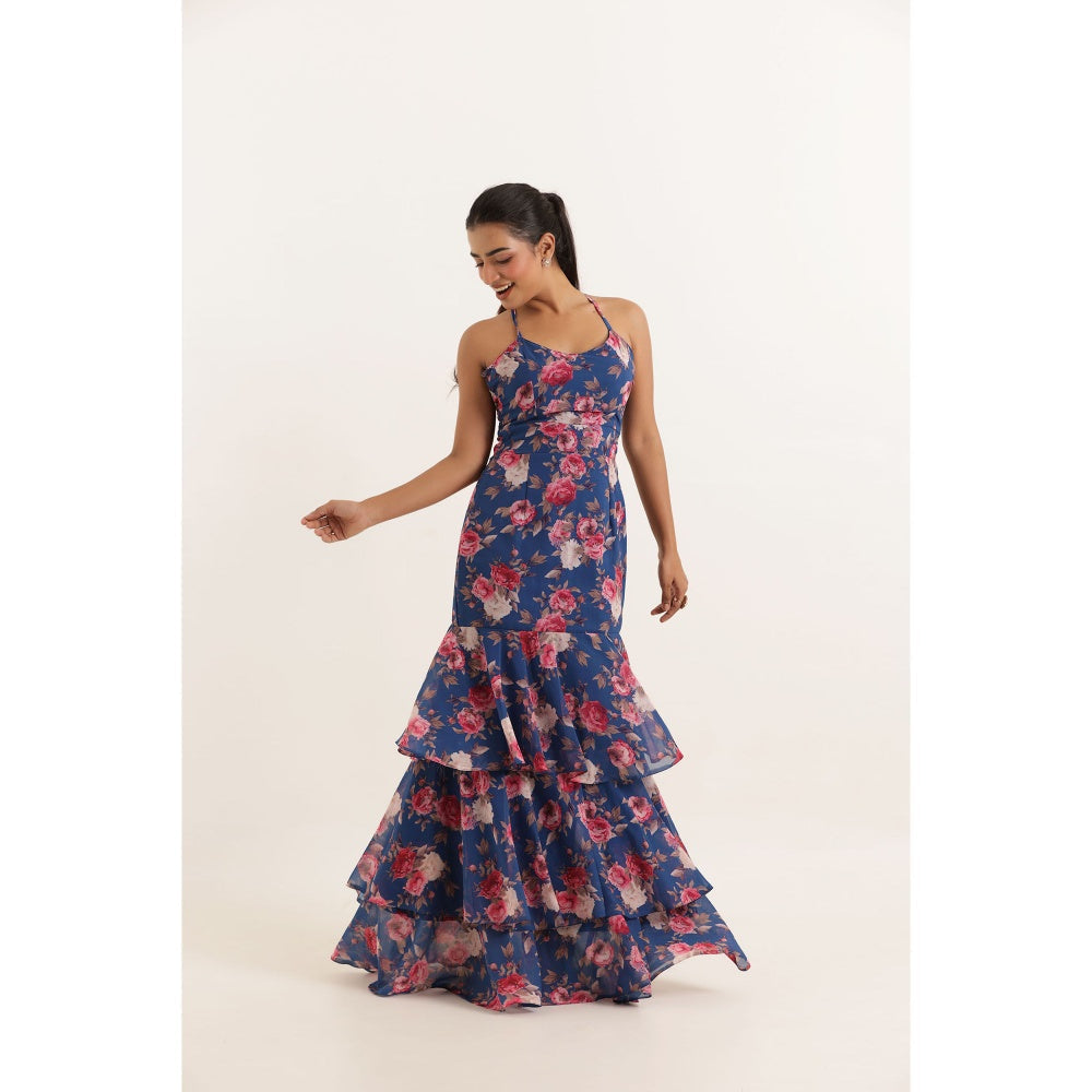 DEASHA INDIA Rihana Blue Floral Printed Ruffle Long Maxi Dress