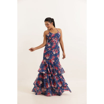 DEASHA INDIA Rihana Blue Floral Printed Ruffle Long Maxi Dress