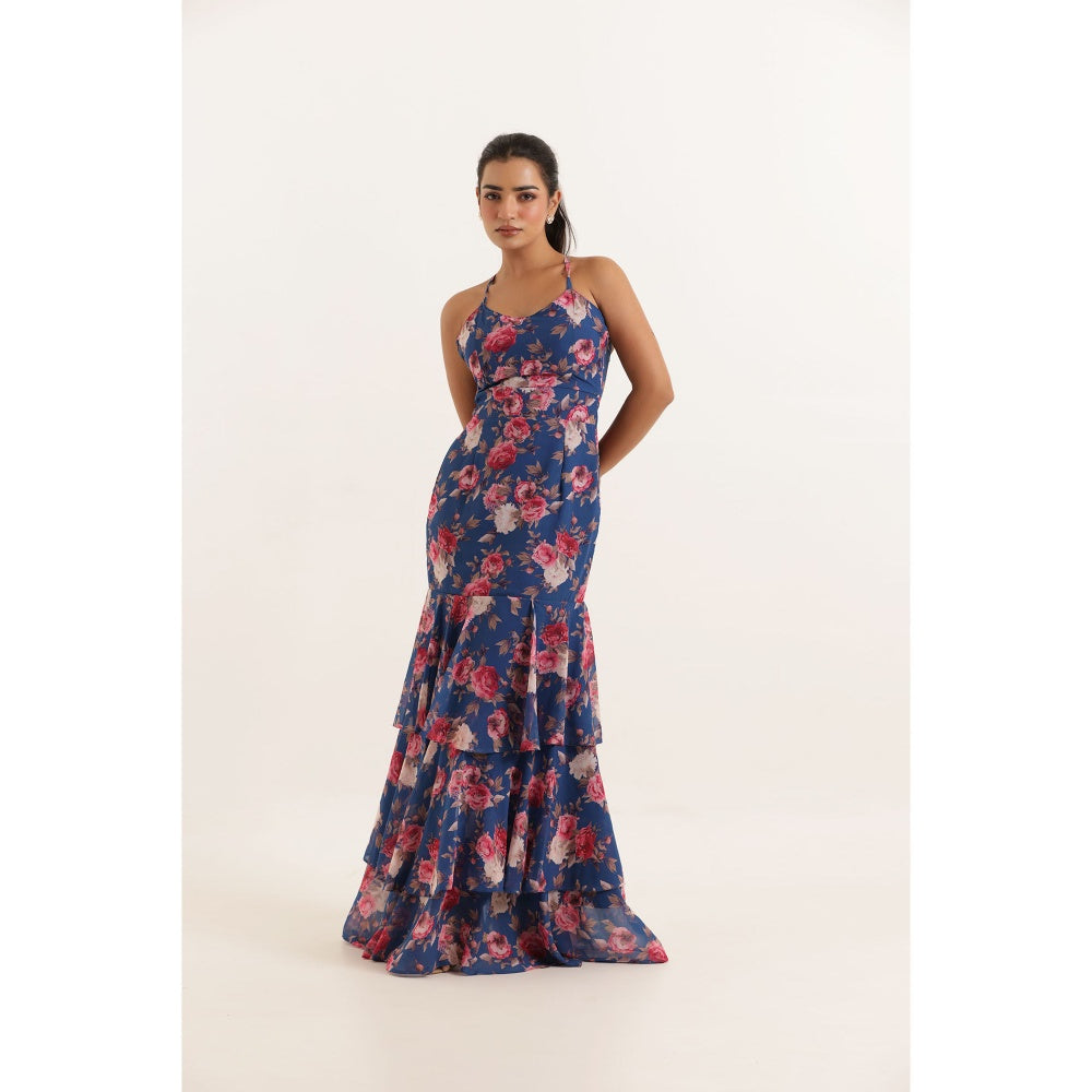 DEASHA INDIA Rihana Blue Floral Printed Ruffle Long Maxi Dress