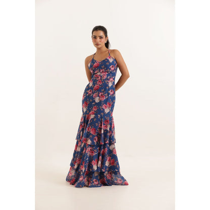 DEASHA INDIA Rihana Blue Floral Printed Ruffle Long Maxi Dress