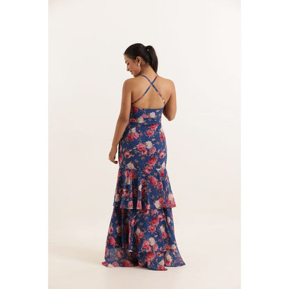 DEASHA INDIA Rihana Blue Floral Printed Ruffle Long Maxi Dress