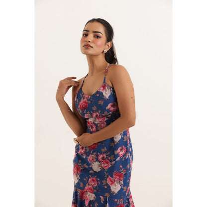 DEASHA INDIA Rihana Blue Floral Printed Ruffle Long Maxi Dress