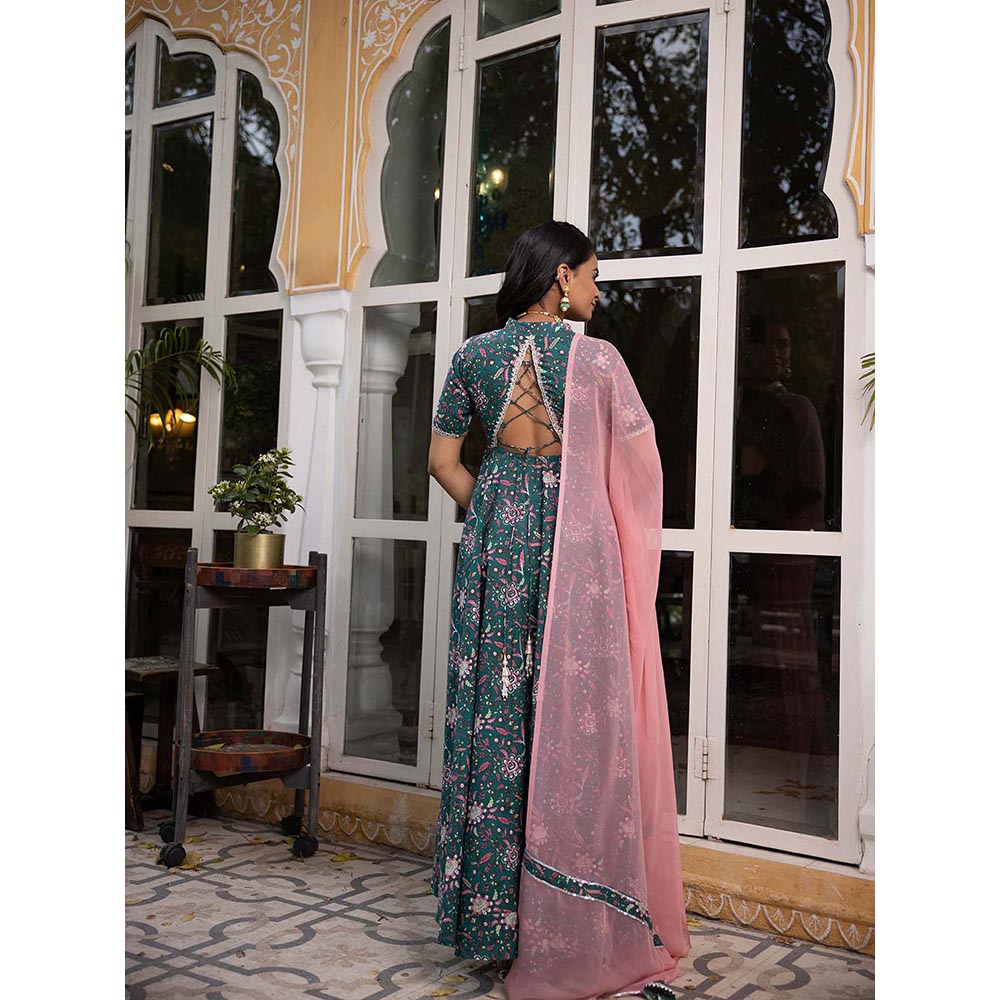 DEASHA INDIA Gulmina Dark Green Floral Printed Anarkali with Pant and Dupatta (Set of 3)