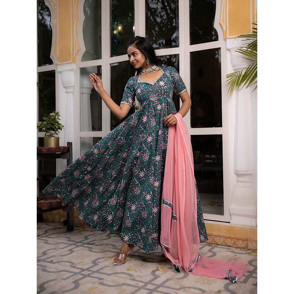 DEASHA INDIA Gulmina Dark Green Floral Printed Anarkali with Pant and Dupatta (Set of 3)
