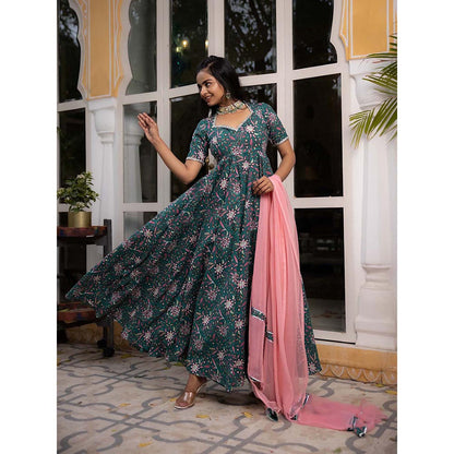 DEASHA INDIA Gulmina Dark Green Floral Printed Anarkali with Pant and Dupatta (Set of 3)