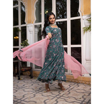 DEASHA INDIA Gulmina Dark Green Floral Printed Anarkali with Pant and Dupatta (Set of 3)